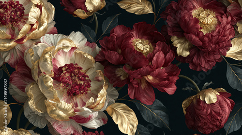Luxurious burgundy and gold peony floral arrangement on dark background for elegant decor