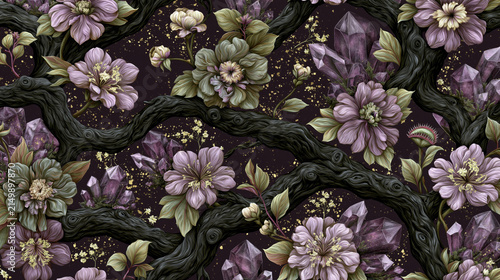 Ornate floral pattern with purple flowers, amethyst crystals and twisted dark branches in a mystical style