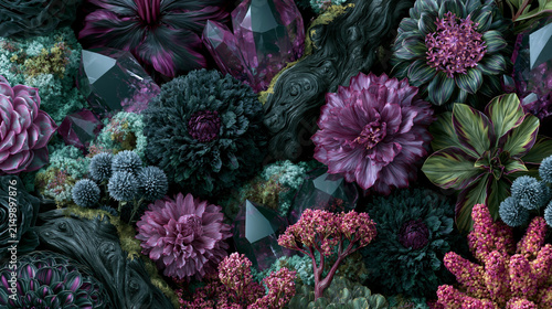 Dark moody floral arrangement with purple blooms and emerald crystals in a surreal botanical composition