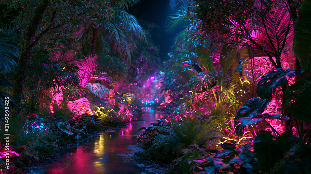 Obraz premium Neon-lit tropical jungle path with glowing plants, mist and colorful fantasy lighting
