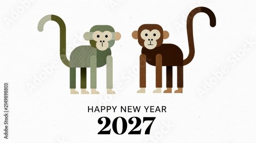 Stylized geometric monkeys with Happy New Year 2027 text. Modern minimalist vector illustration on white textured background. Festive greeting card design for holiday marketing and celebrations.