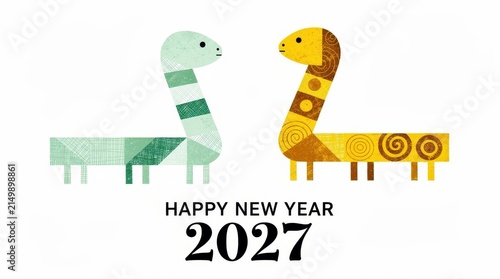 Two stylized snakes face each other above Happy New Year 2027 text. Geometric patterns and earth tones decorate the animals against white. Lunar New Year concept for 2027 Year of the Snake marketing.