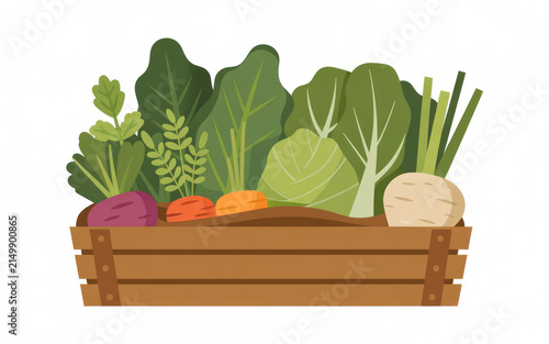 Fresh assortment of organic vegetables arranged in wooden crate for sale.