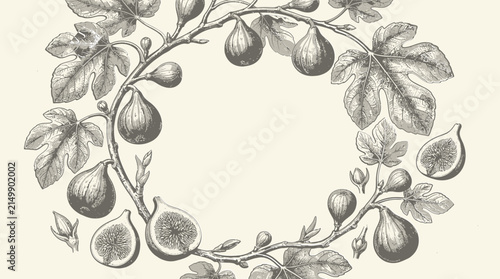Vintage botanical illustration of a fig tree branch with multiple detailed fig fruits, large lobed fig leaves, and a few sliced figs showing the inner seed texture
