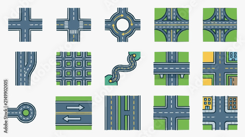 Clean Illustrated Diagram of Various Road Intersections and Traffic Patterns with Green Landscaping