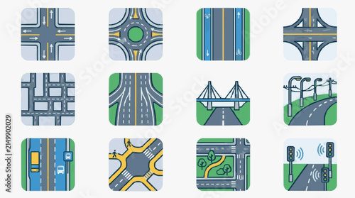 Professional Illustrated Collection of 12 Diverse Road and Traffic Infrastructure Designs with Vehicles Signs and Smart Tech
