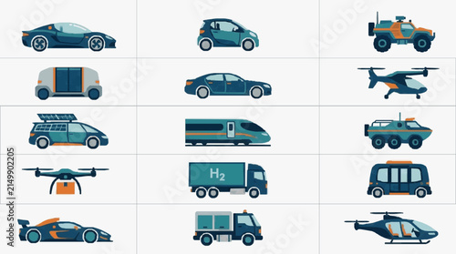 Minimalist of Futuristic and Modern Hydrogen Powered Vehicles and Aircraft in Blue Orange and Gray