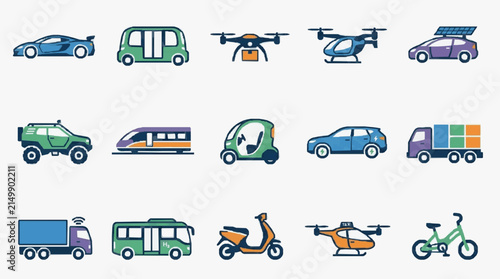 Modern Colorful Set of Various Eco Friendly and Futuristic Vehicles and Transport Modes with high quality professional line art symbols for modern creative design and digital branding projects