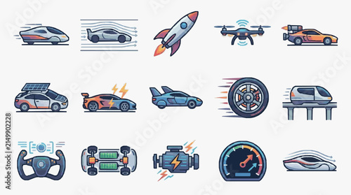 Sleek Modern of Futuristic Vehicles Racing Cars and High Tech Components with Vibrant Colors with high quality professional line art symbols for modern creative design and digital branding projects