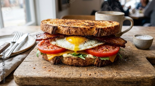 Freshly prepared breakfast sandwich with fried egg and ripe tomatoes on wooden board.