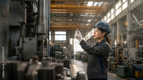 Naklejka 工場で機械を調整する女性技術者 製造現場の精密加工と生産管理