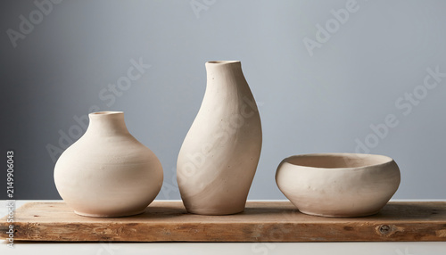 handmade ceramic pottery set on a rustic wooden board