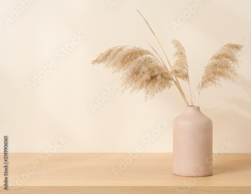 Japandi style home decor backdrop with pampas grass and copy space on beige wall