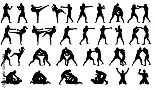MMA Fighter Black Silhouette Vector Collection with Martial Arts Poses