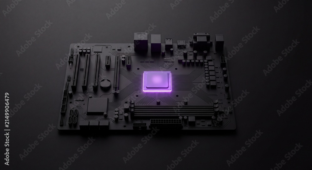 Fototapeta premium Central Processor Glowing Purple on Computer Motherboard