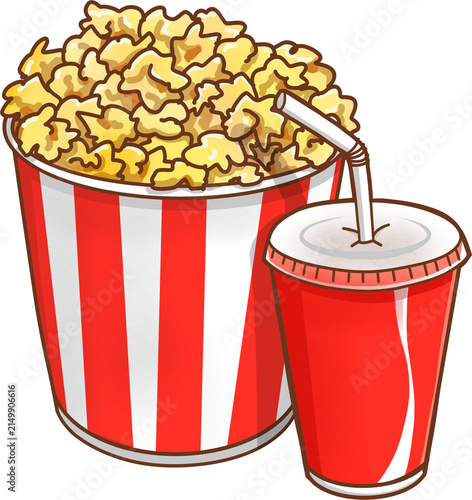 Movie theater popcorn and soda drink combo fast food cinema snack illustration element
