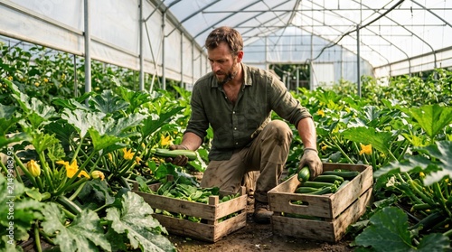 Farmer kneels in a greenhouse aisle, checking leafy vegetable plants and holding fresh squash near wooden crates filled with harvested produce under a glass roof frame