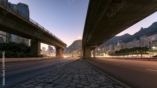 commute. Deserted urban highway at dusk with distant city lights, evoking a serene yet dynamic atmosphere. travel magazines, destination branding, designed for travel destination branding.