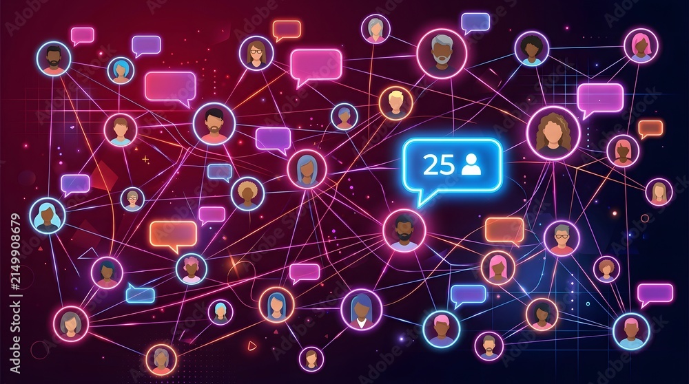 Fototapeta premium Social network connectivity illustration 25 people connected through digital communication