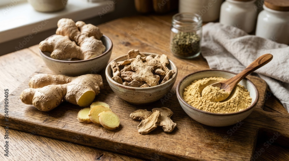 Fototapeta premium Assortment of healthy spices and grains arranged on wooden cutting board.