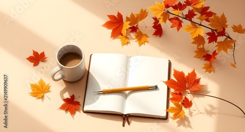 A cozy workspace with an autumn themed flat lay featuring a notebook a cup of coffee a pencil and colorful autumn leaves all arranged on a beige background