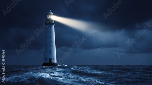 sweeping. Lighthouse beam cutting through stormy night sky sweeping across dark choppy ocean waves. travel magazines, destination branding, designed for outdoor magazines and nature guides.