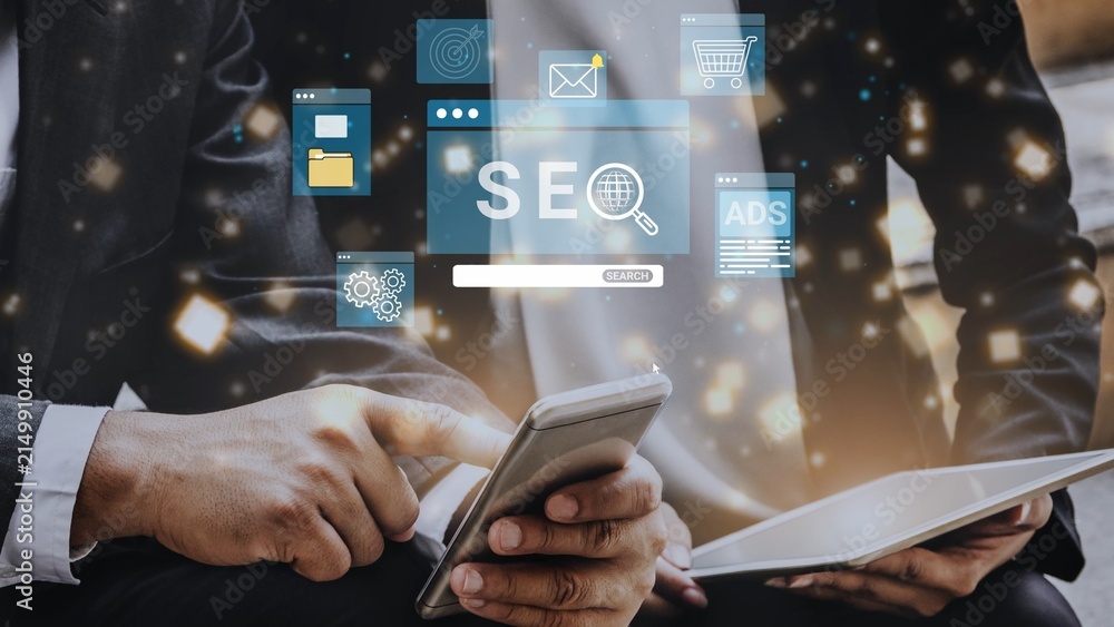 Obraz premium Business people using smartphone and tablet with SEO and digital marketing icons around them in a modern office setting. Entropy.