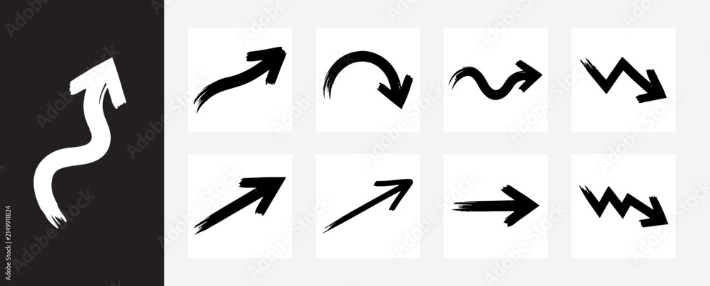 Obraz premium Hand-Drawn Brush Arrow Icons Set Black Grunge Style Collection