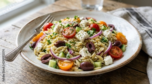 Fresh and vibrant orzo pasta salad with feta, tomatoes, cucumbers, and olives, perfect for a healthy meal.