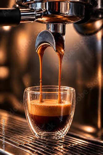 Rich espresso coffee streams pouring from a machine spout into a clear glass cup.