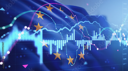 European Union stars over glowing financial charts and analytics lines, representing economic trends, investment strategy, and digital finance background. 3D Rendering