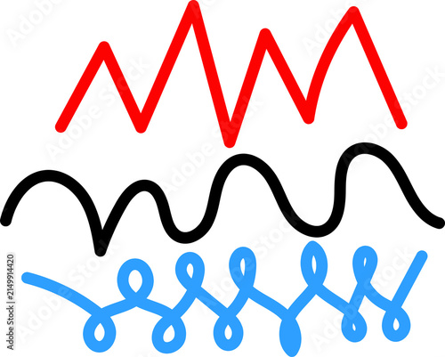 Red zigzag line, blue curly loop line, and black wave line abstract element isolated on transparent background