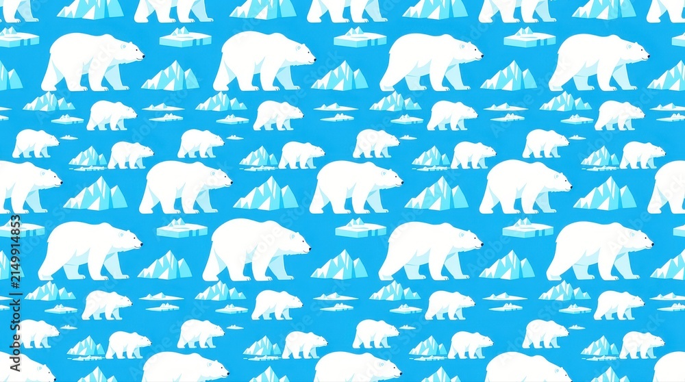 Seamless pattern of polar bears walking among icebergs on a blue background. Flat vector illustration featuring white arctic animals and ice floes. Ideal for textile and conservation campaigns.