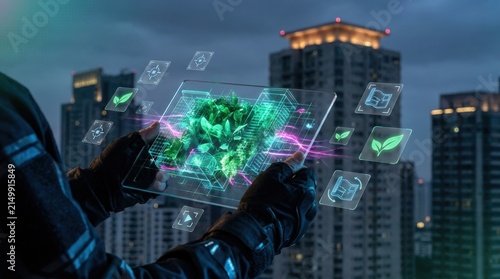 Conceptual Futuristic Augmented Reality Interface on Transparent Tablet Projecting Holographic Green Roof over Twilight Cyberpunk Cityscape