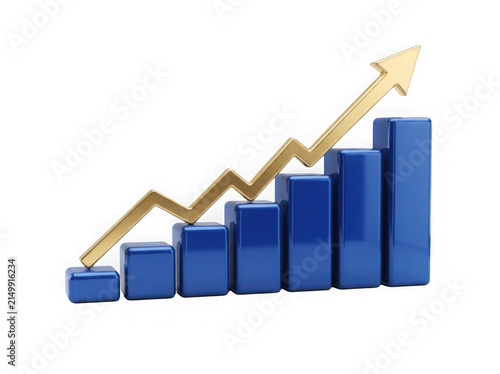 Upward arrow with blue bar graph showing growth isolated on transparent background