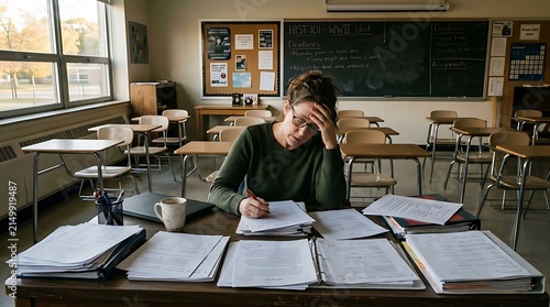 Frustrated teacher overwhelmed with paperwork at her desk in a classroom setting