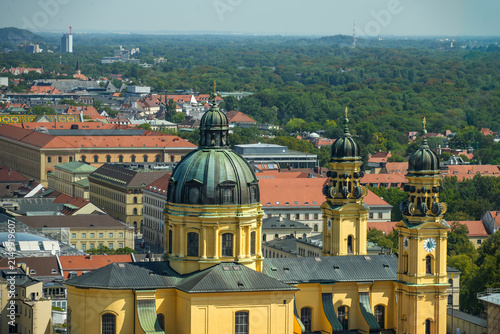 Aerial view of Munich featuring the striking yellow Theatine Church, Odeonsplatz, and the English Garden on the horizon. Taken from the tower of the Frauenkirche on a sunny summer day