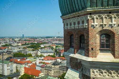 View from the south tower of the Frauenkirche over the historic center of Munich’s Old Town toward the northwest, featuring typical Old Town buildings and rooftops