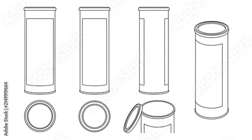Cylindrical Packaging Tube Mockup Outline Vector - Various Views of Tall Container with Blank Labels for Product Design