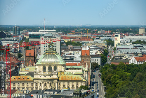 View from the south tower of the Frauenkirche toward the Munich Palace of Justice. A magnificent building in the Neo-Baroque style with its striking glass and iron dome