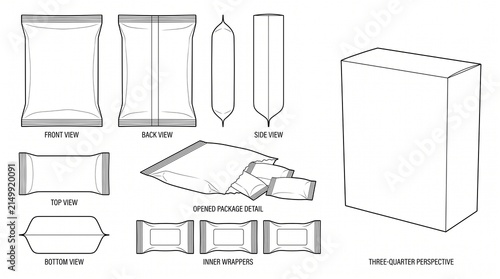 Packaging Mockup Set with Flexible Pouch and Box Technical Line Art Drawing