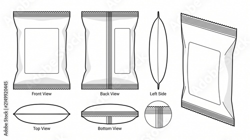 Snack Bag Pouch Packaging Mockup Outline Vector Template with Multiple Views for Branding Design