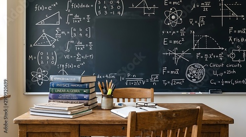 Advanced science classroom desk with chalkboard filled with equations now.