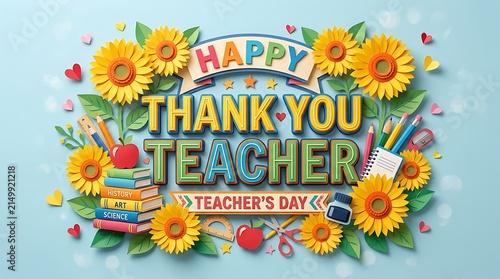 Paper cut style happy thank you teacher day banner with sunflowers.