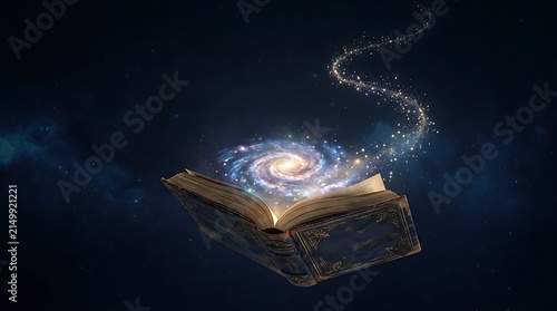 Open book with a swirling galaxy emerging from its pages.