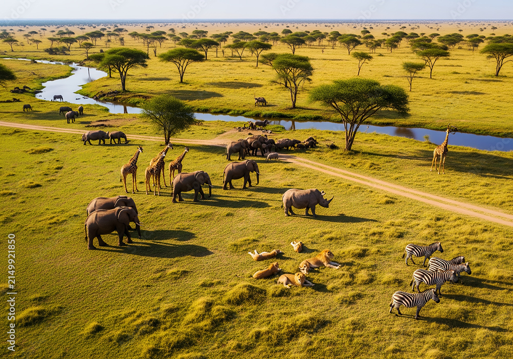 Obraz premium Diverse African wildlife gathering in the Serengeti savanna landscape during a golden hour sunset, showing elephants, giraffes, lions, and zebras