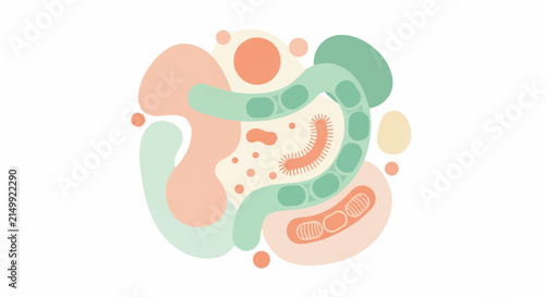 An abstract stylized depiction of beneficial gut bacteria and microorganisms, featuring soft organic shapes and circular forms representing a healthy microbiome. The composition is balanced and