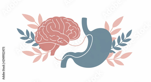 Minimalist flat vector of a stylized brain and a stomach connected by a subtle curved line, surrounded by soft pastel botanical leaves, muted pink and dusty blue palette, minimalist flat vector