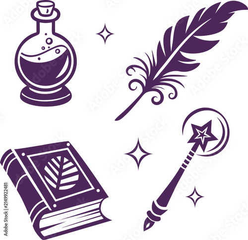 Magic Spell Book, Wand, Potion Bottle, and Feather Quill