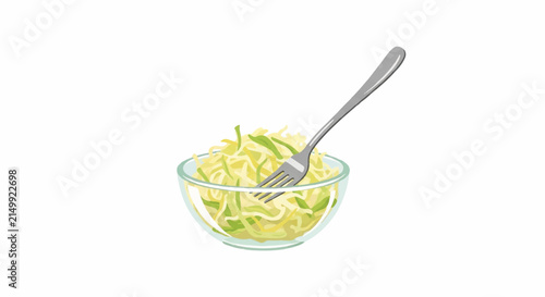 A small glass bowl of sauerkraut with a single fork resting on the side, soft lemon and pale green palette, bright kitchen lighting, fresh mood, minimalist flat vector artwork, clipart style,